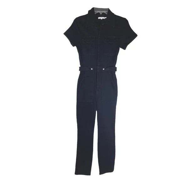 Good American Fit For Success Short Sleeve Black Denim Jumpsuit Sz 0 - Picture 3 of 11